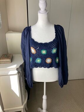 AERIE Crochet Granny Square Puff Sleeve Crop Top Boho Festival Cottagecore M